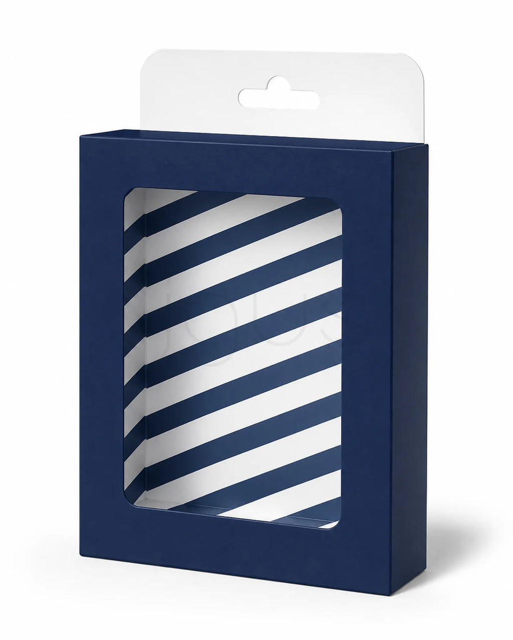 A retail package with a navy blue box and a white hanging tab, featuring a clear window that shows white and navy diagonal striped contents inside.