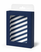 A retail package with a navy blue box and a white hanging tab, featuring a clear window that shows white and navy diagonal striped contents inside.