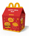 A red and yellow Happy Meal box packaging mockup with cartoon burger, fries, and drink illustrations on a white background.