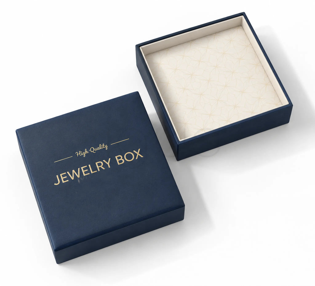 A navy blue jewelry box shown open and closed on a white background. The closed lid features gold foil text reading 'High Quality JEWELRY BOX,' and the open box reveals a cream-colored textured interior.
