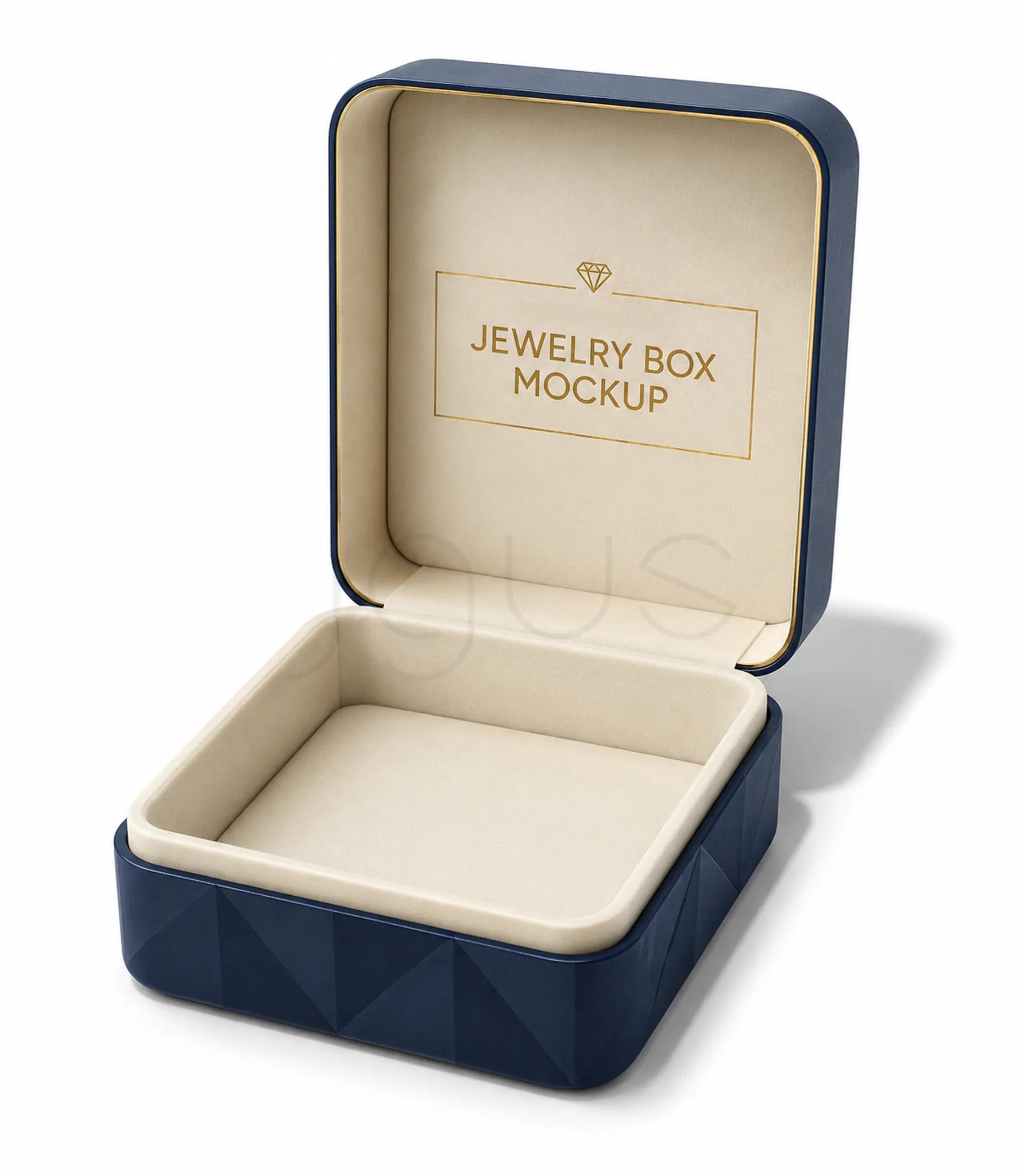 An open square jewelry box mockup with a navy blue exterior and a cream-colored interior. The inside lid features gold foil text reading 'JEWELRY BOX MOCKUP' with a small diamond icon above it.