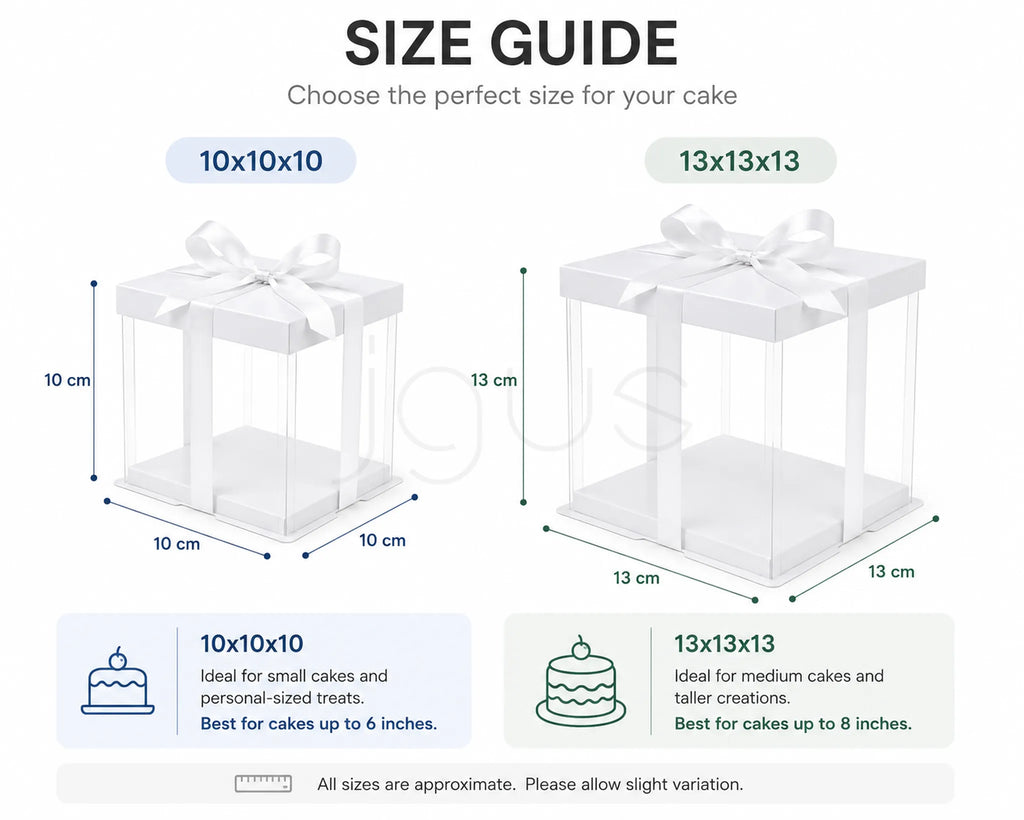 Size guide for cake boxes with dimensions and ideal cake sizes.