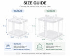 Size guide for cake boxes with dimensions and ideal cake sizes.