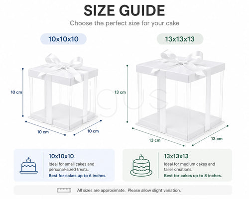 Size guide for cake boxes with dimensions and ideal cake sizes.