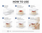 Instructions on how to use a cake display box with six steps shown.