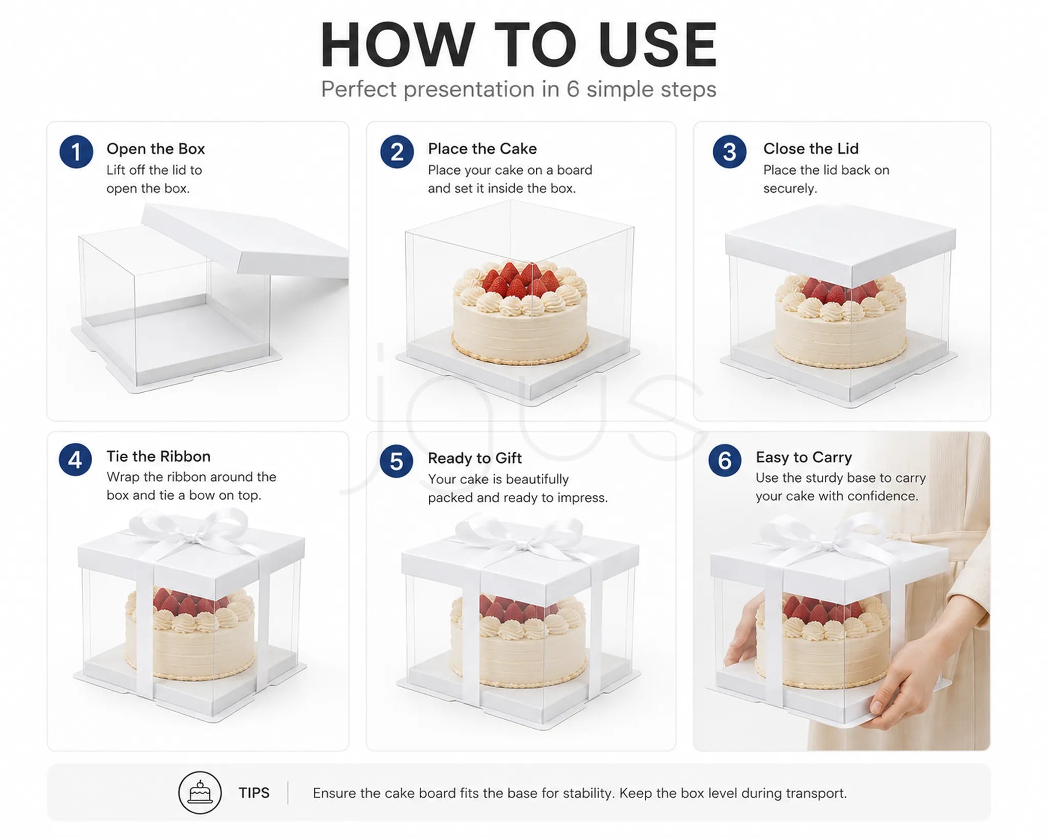 Instructions on how to use a cake display box with six steps shown.