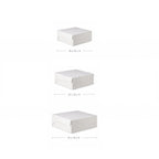 Three white boxes of different sizes with dimensions labeled on a white background