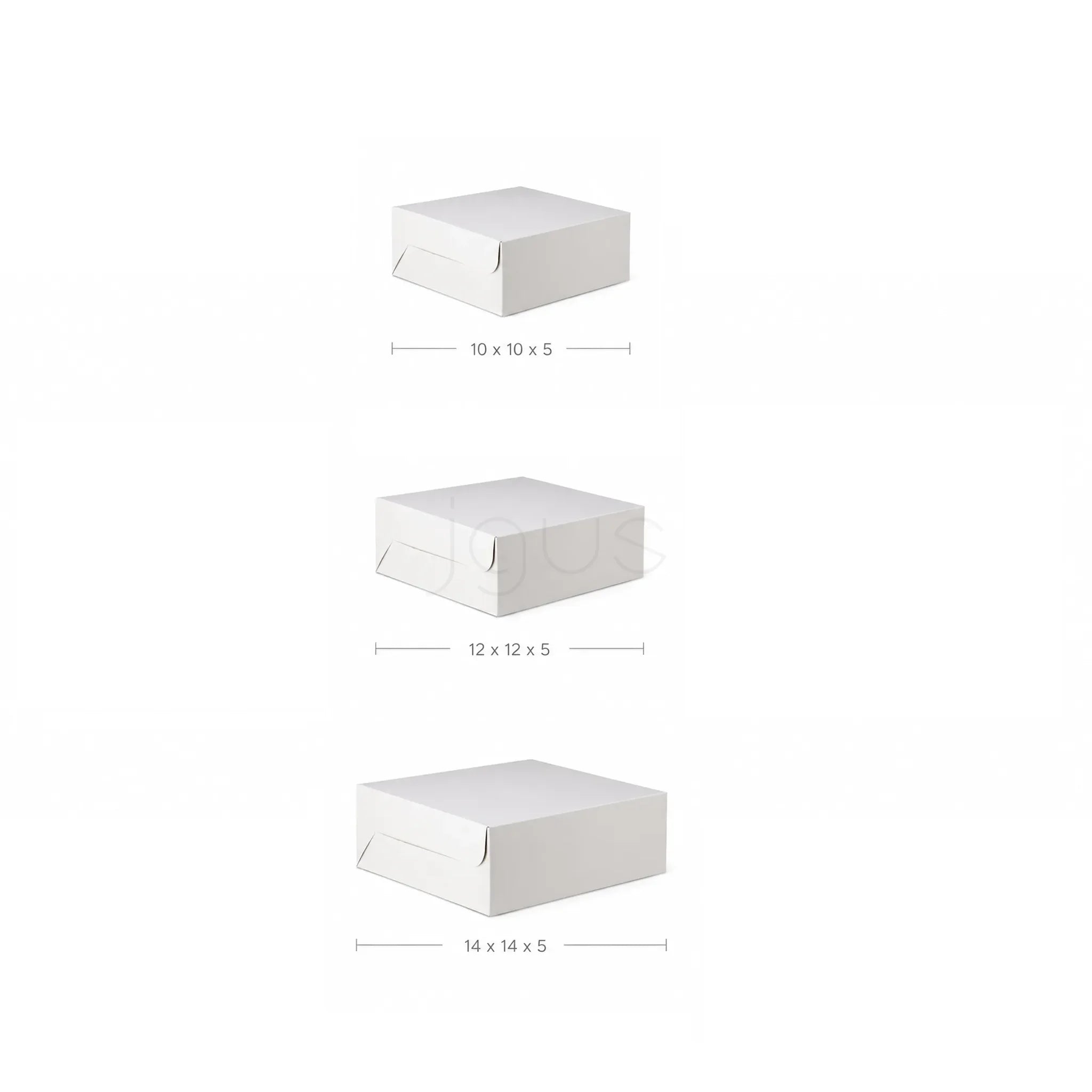 Three white boxes of different sizes with dimensions labeled on a white background