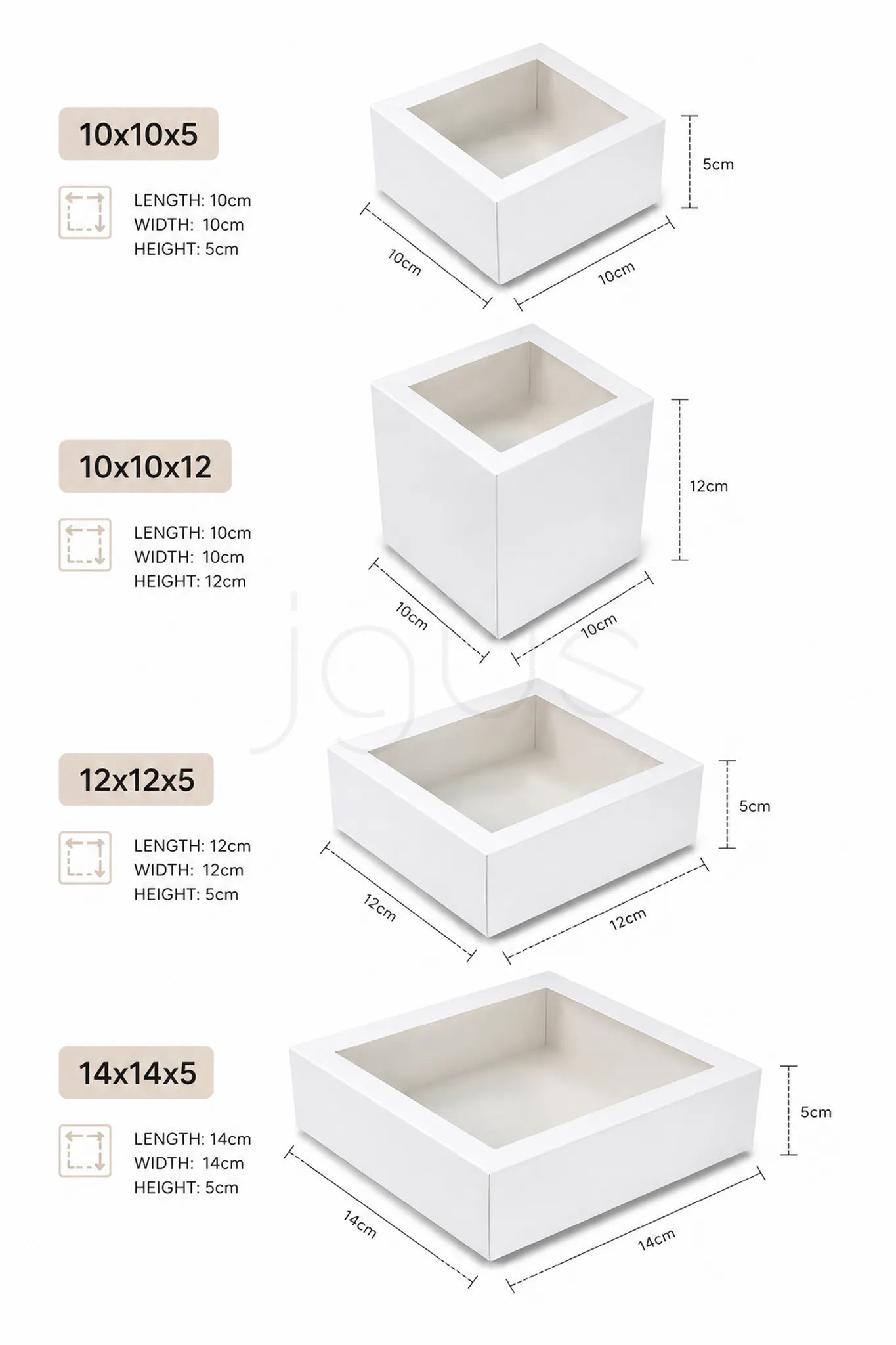 White cake boxes with window and dimensions labeled on a white background