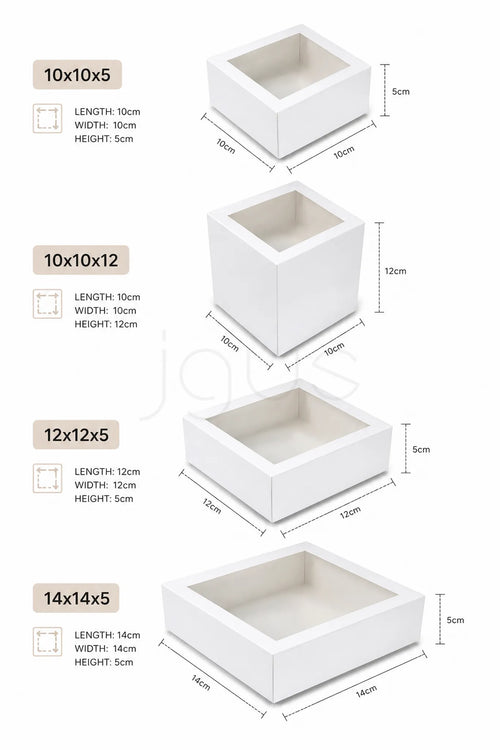 White cake boxes with window and dimensions labeled on a white background