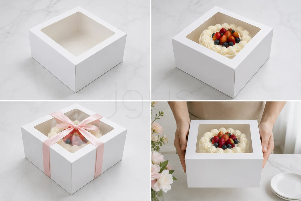 White cake box with a cake inside, decorated with berries and a pink ribbon.