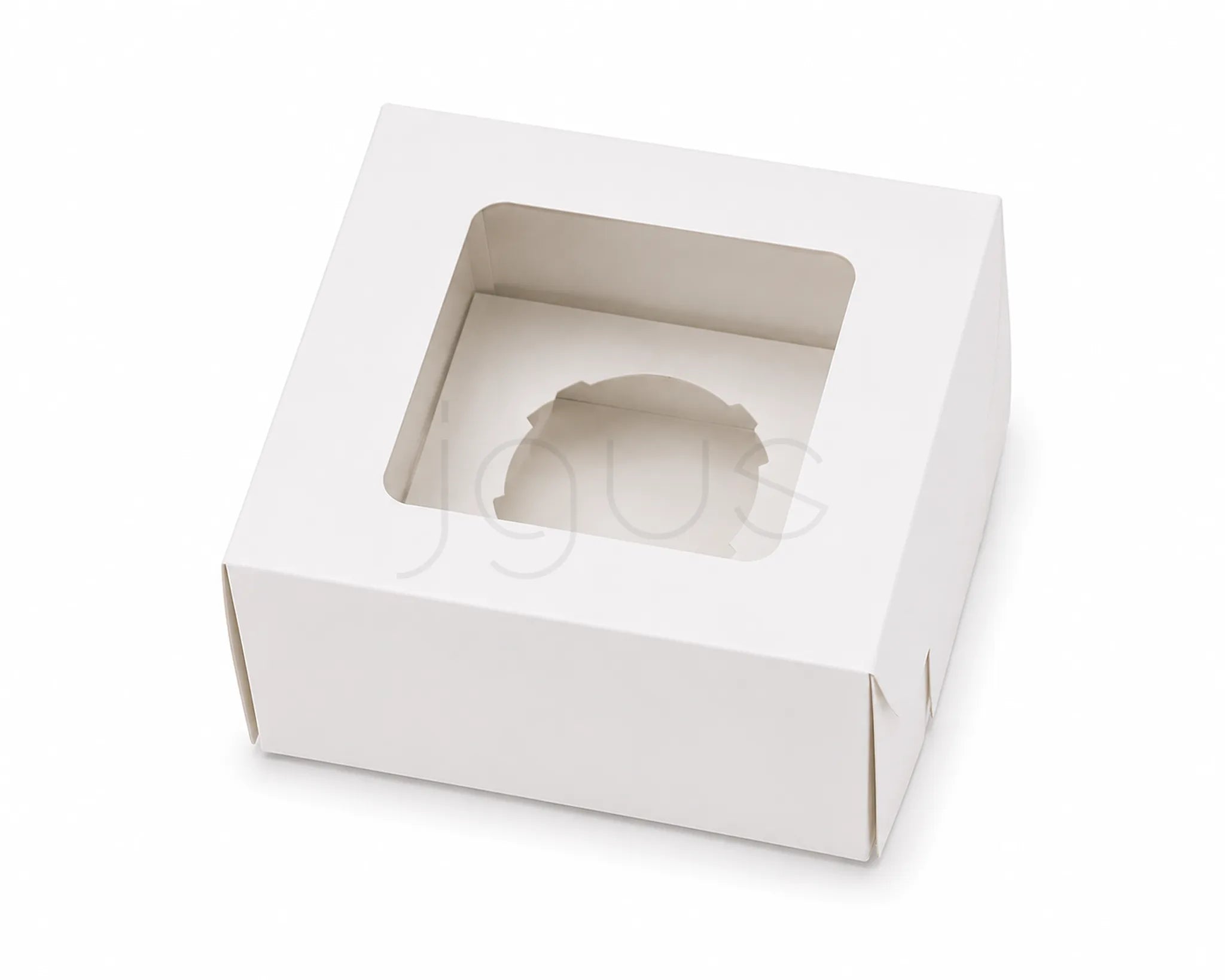 White cupcake box with a clear window on a white background