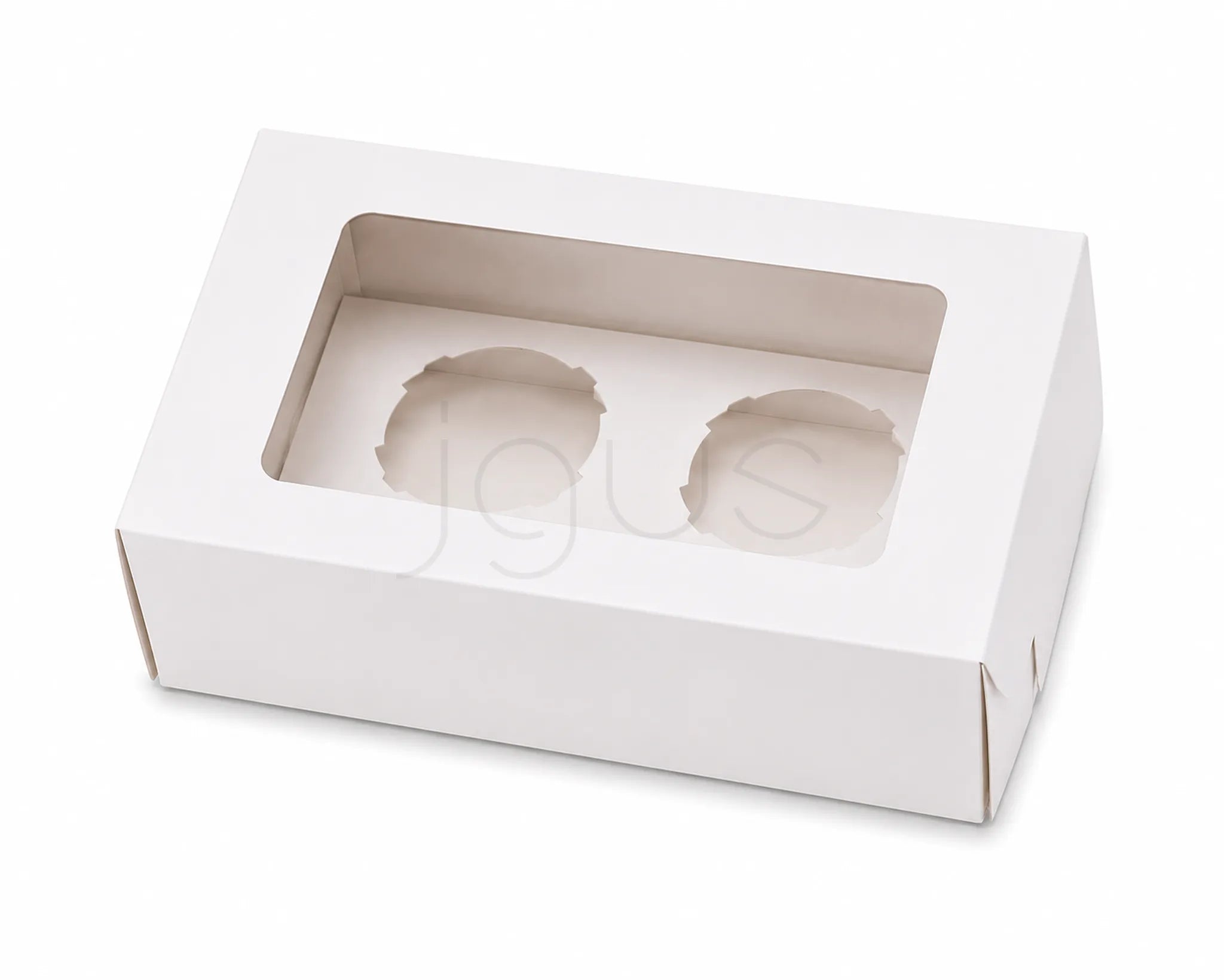 White cupcake box with two cupcake inserts on a white background