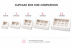 Comparison chart of cupcake box sizes with corresponding number of cupcakes they can hold.
