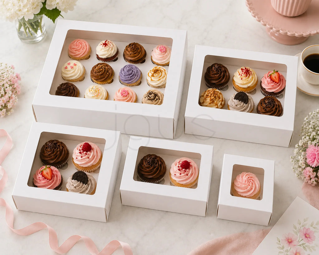 Assorted cupcakes in different size white cupcake boxes on a decorative table with flowers and ribbons.