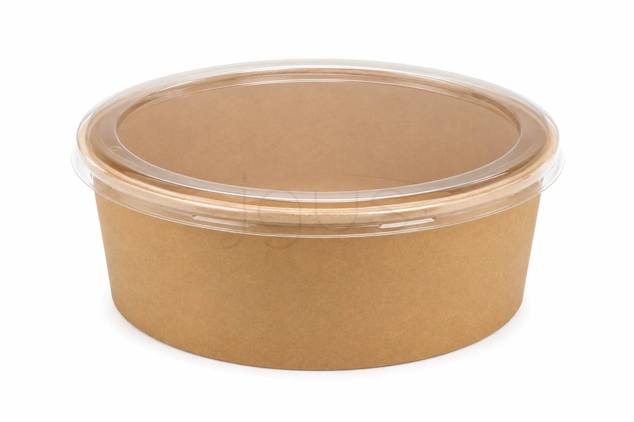 Brown kraft food bowl with a clear pet lid on a white background