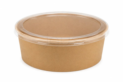 Brown kraft food bowl with a clear pet lid on a white background