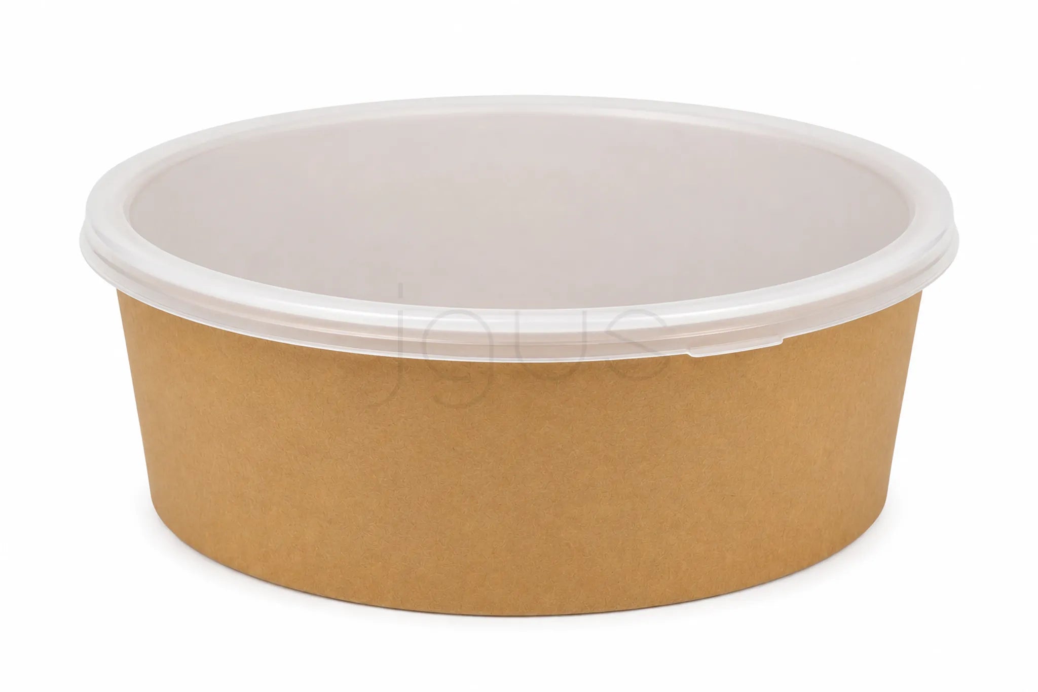 Brown kraft food bowl container with a PP lid on a white background