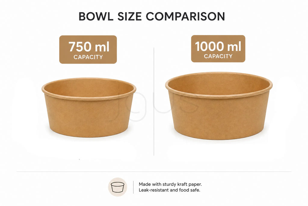 Comparison of two kraft bowls with capacities labeled 750 ml and 1000 ml on a white background.