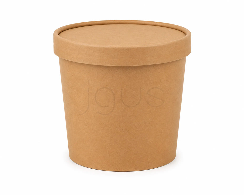 Brown paper kraft soup container with lid on a white background