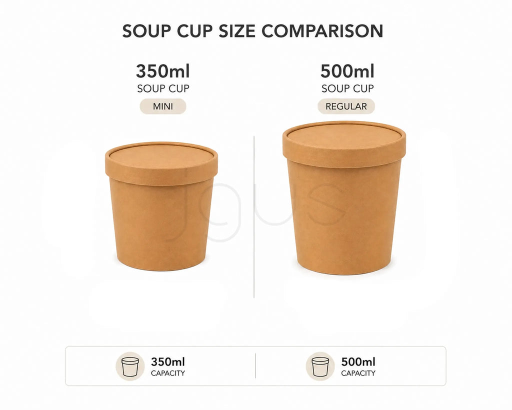 Comparison of 350ml and 500ml soup cups with text labels on a white background.