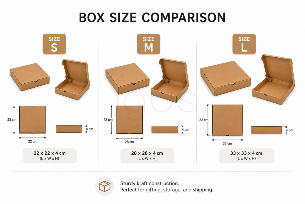 Comparison chart of cardboard pizza  fatayer manakesh boxes in sizes S, M, and L with dimensions.