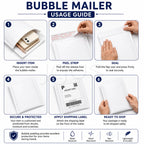 Step-by-step guide on how to use a bubble mailer with illustrations and text.
