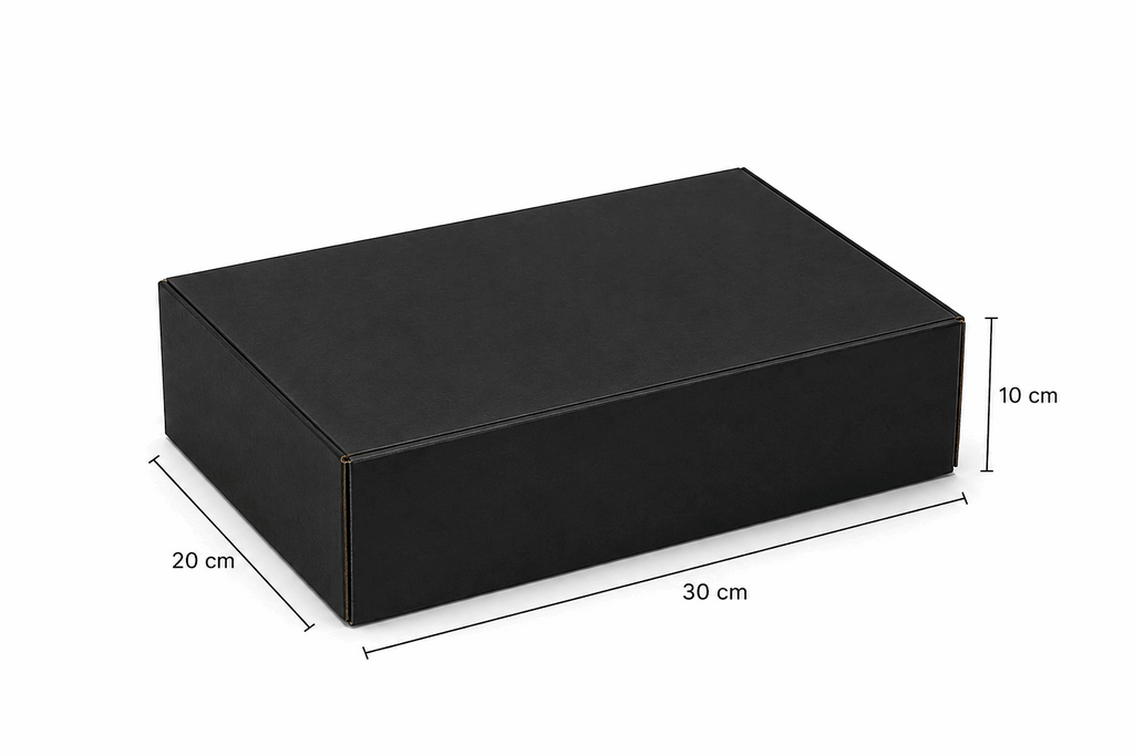 Black rectangular box with dimensions labeled on a white background