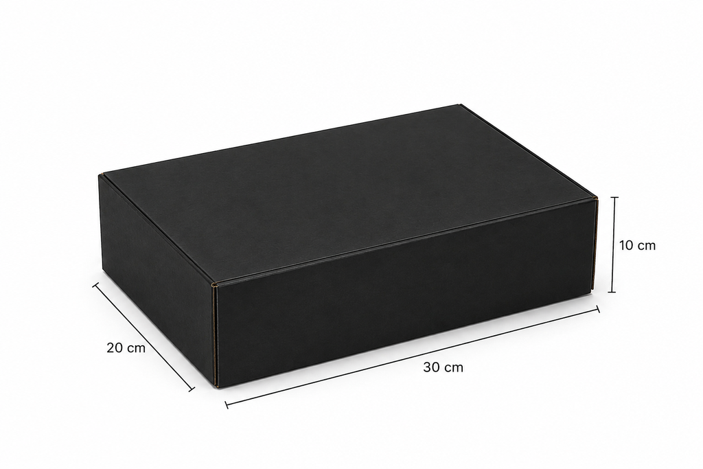 Black rectangular box with dimensions labeled on a white background