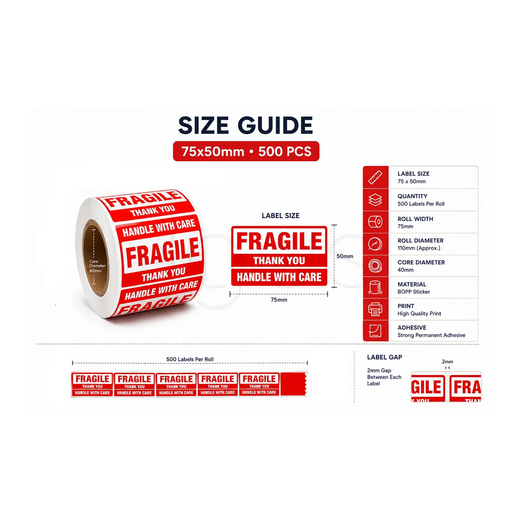 Fragile Shipping Label Stickers-75x50mm-500pcs 10 pcs image 2 - JGUS Pack UAE size guides