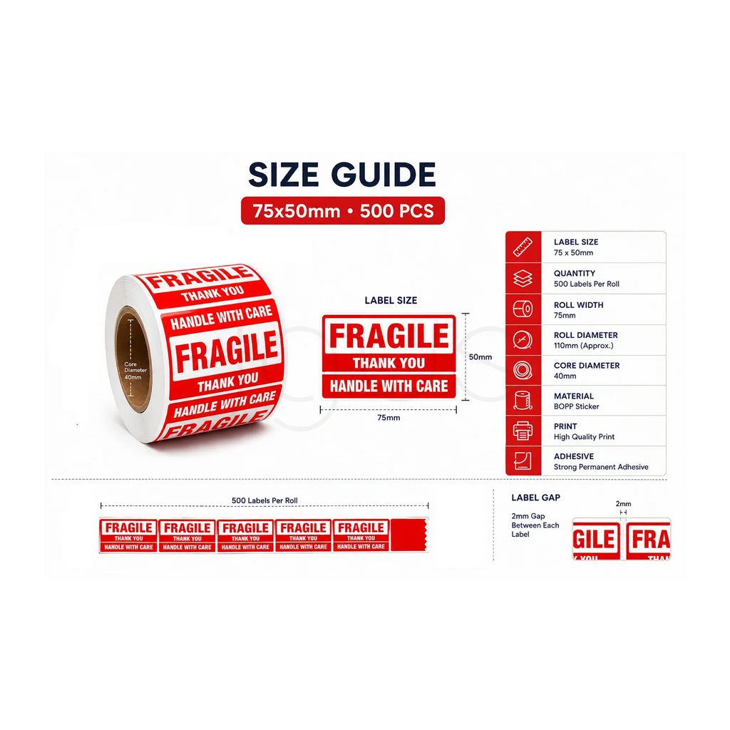 Fragile Shipping Label Stickers-75x50mm-500pcs 10 pcs image 2 - JGUS Pack UAE size guides
