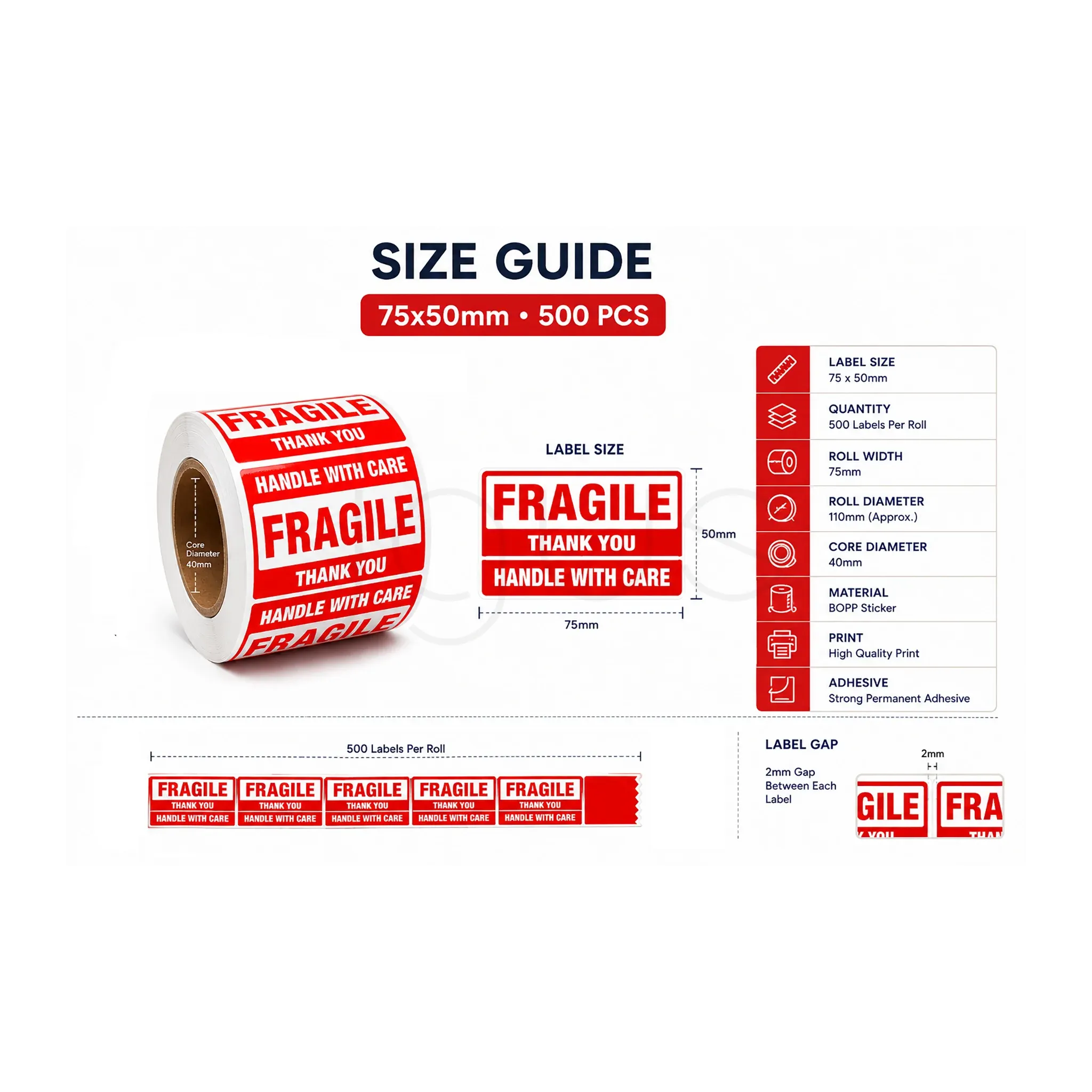 Fragile Shipping Label Stickers-75x50mm-500pcs 10 pcs image 2 - JGUS Pack UAE size guides