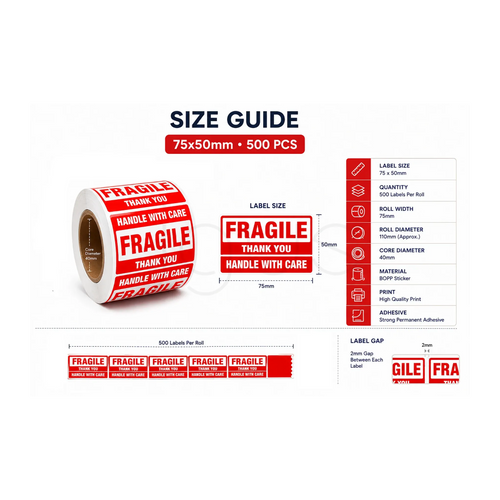Fragile Shipping Label Stickers-75x50mm-500pcs 10 pcs image 2 - JGUS Pack UAE size guides