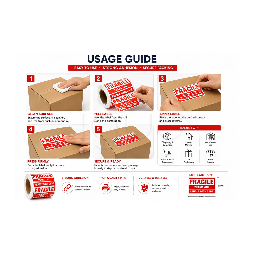 Fragile Shipping Label Stickers-75x50mm-500pcs 10 pcs image 3 - JGUS Pack UAE usage guides