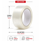 Roll of tape with measurements indicating width and length on a white background