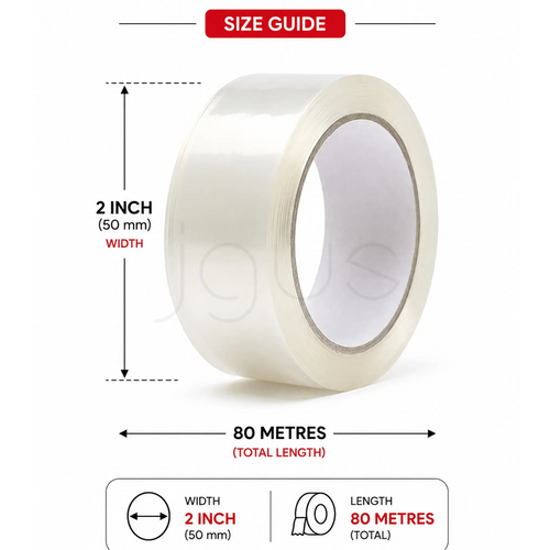 Roll of tape with measurements indicating width and length on a white background