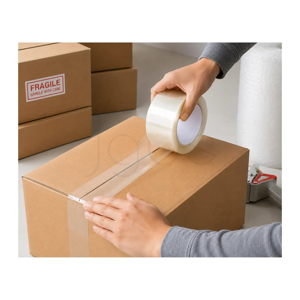 Person taping a cardboard box with a roll of tape, with another box labeled 'Fragile' in the background.
