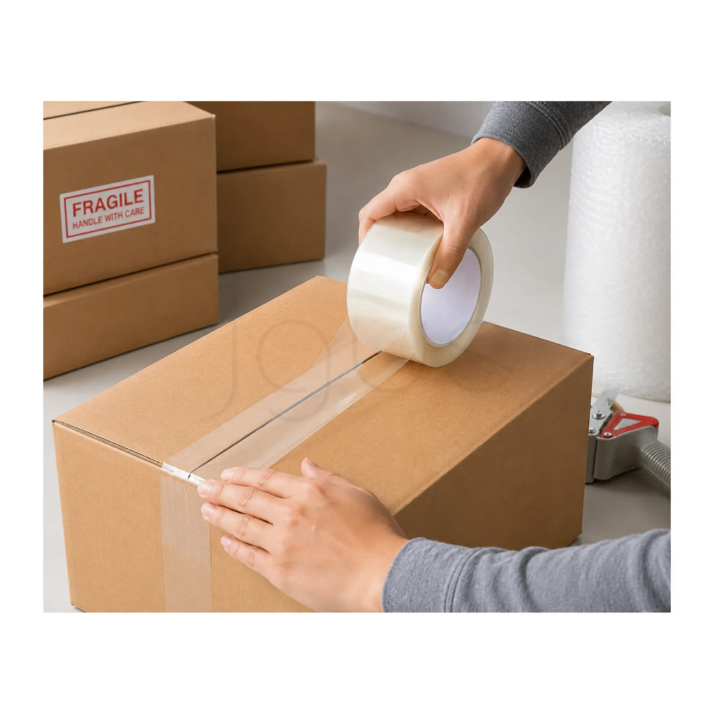 Person taping a cardboard box with a roll of tape, with another box labeled 'Fragile' in the background.