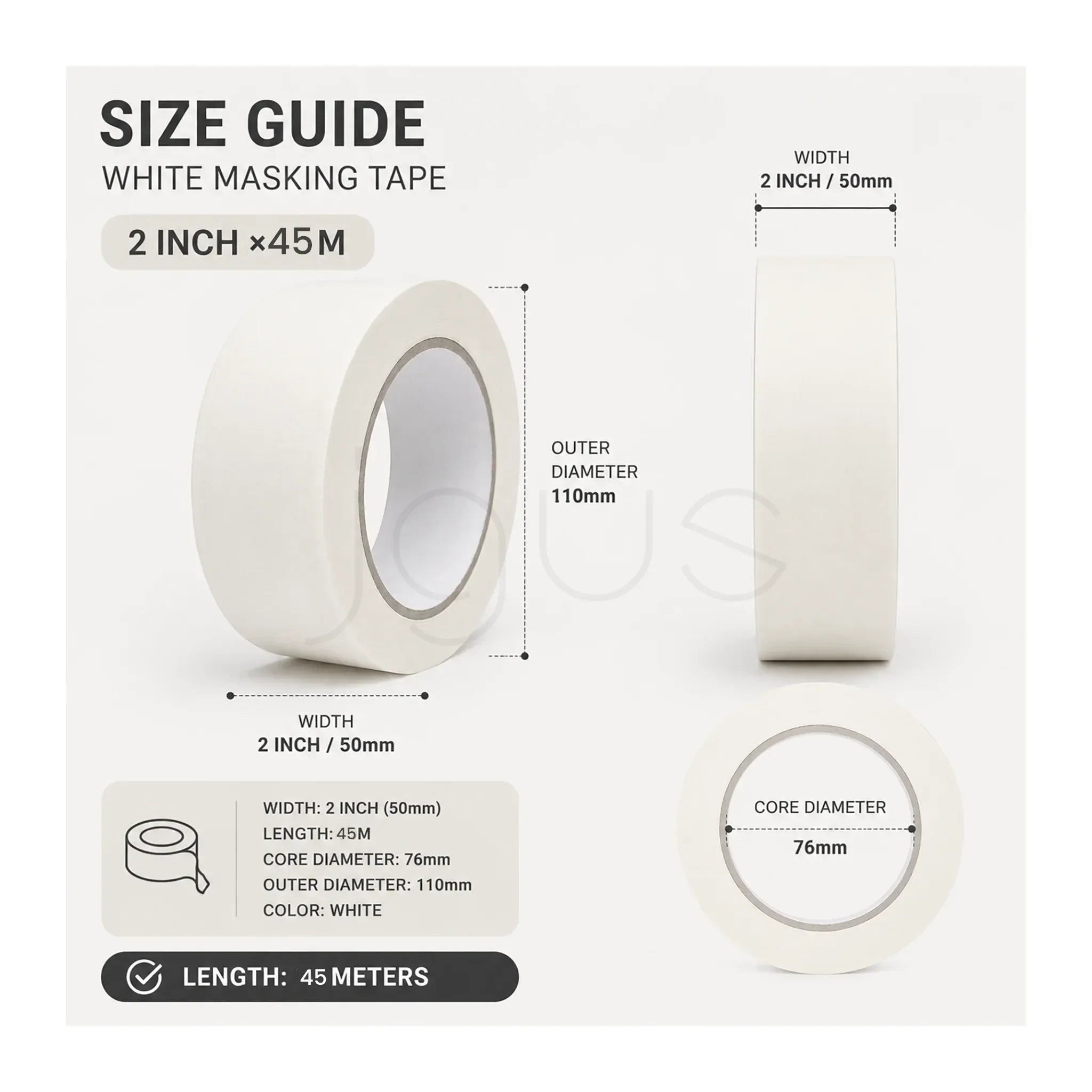 White masking tape with size guide on a white background
