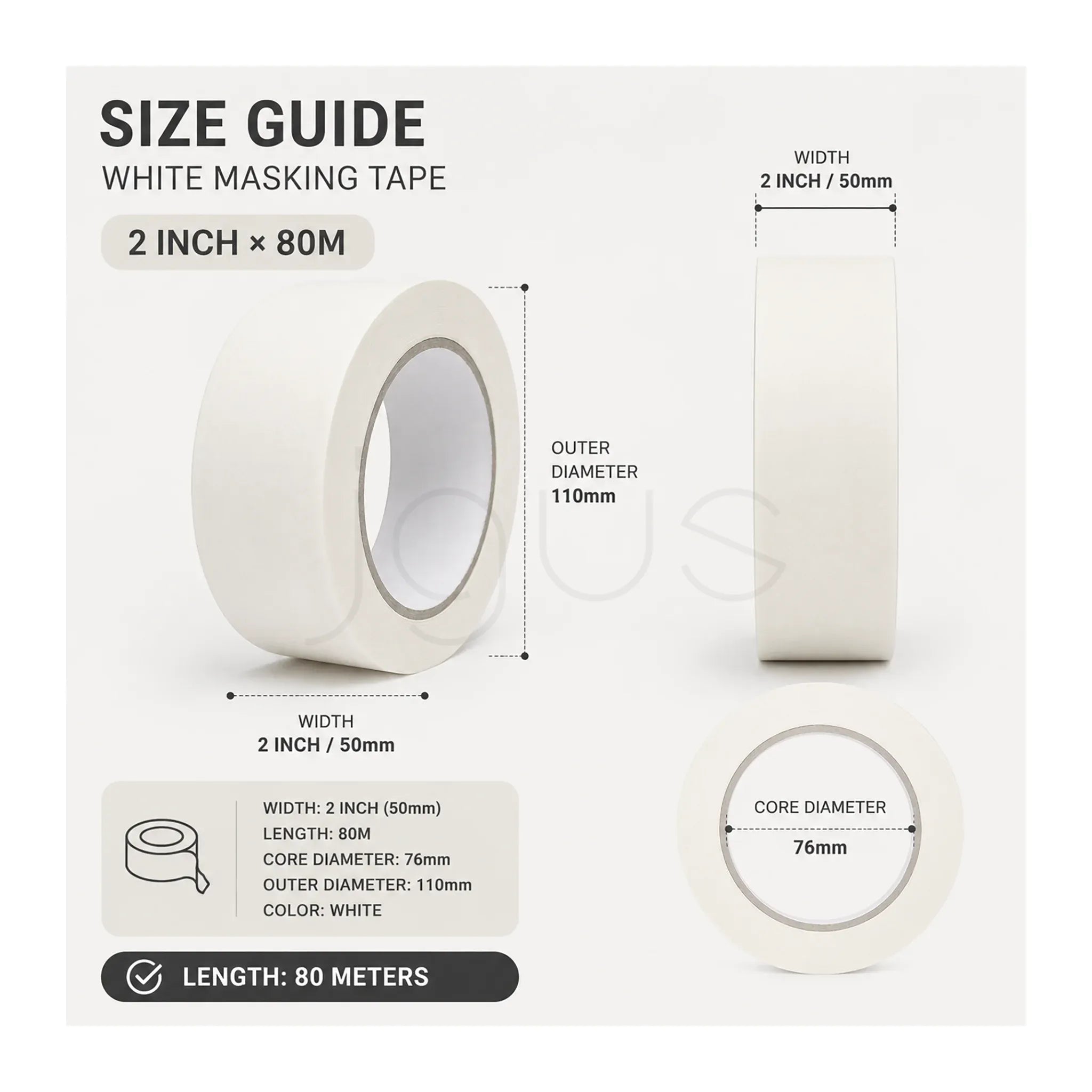 White masking tape with size guide on a white background