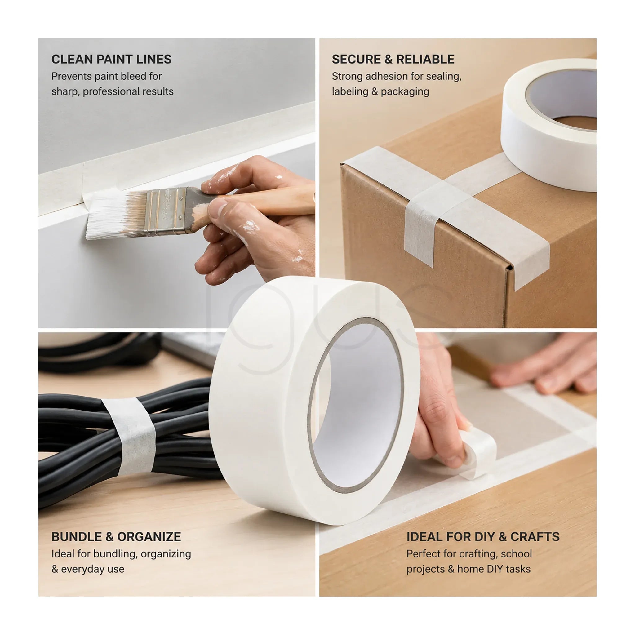 White tape being used for painting, sealing, bundling, and organizing various items.
