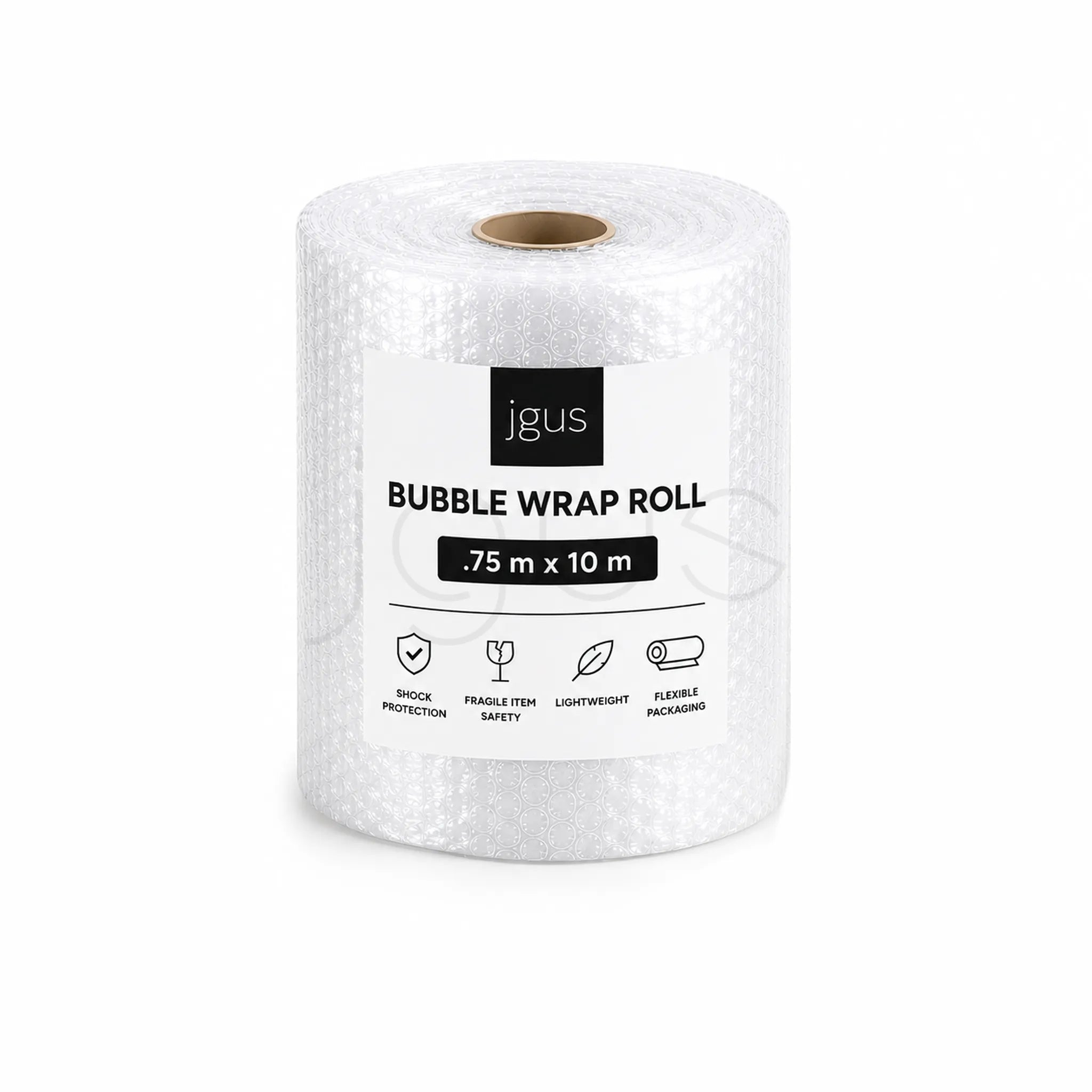 Roll of bubble wrap with jgus branding on a white background and size .75m x 10m