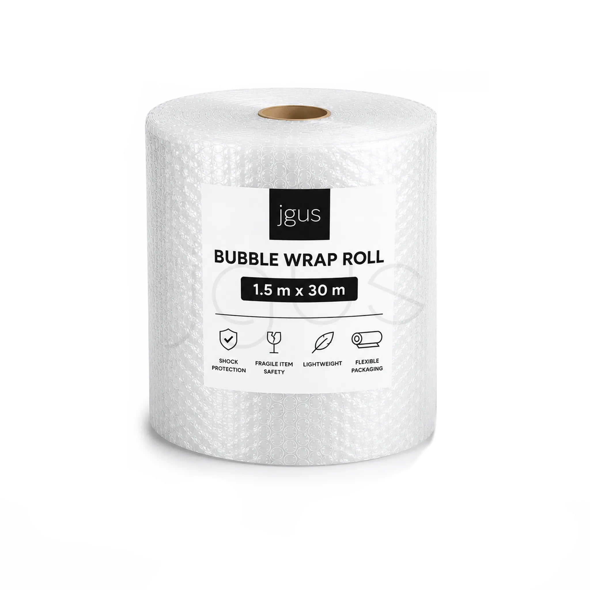 Roll of bubble wrap with jgus pack branding on a white background and size of 1.5 m x 30m