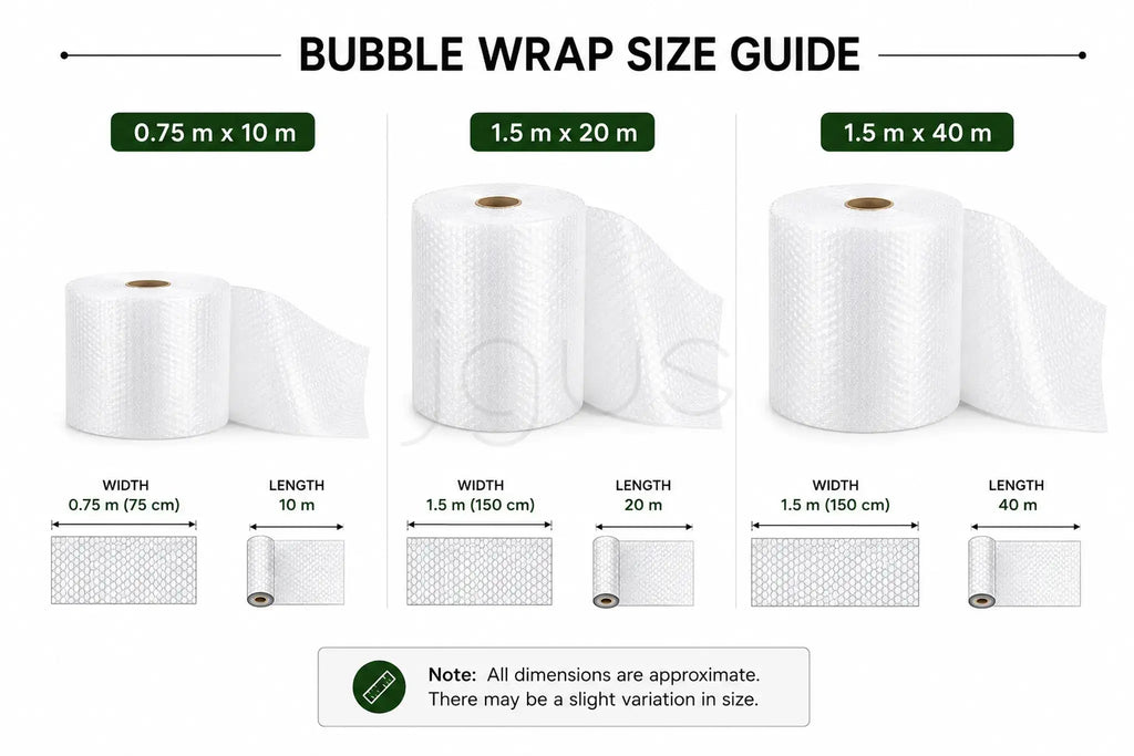 Bubble wrap size guide with dimensions and packaging examples on a white background