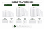 Bubble wrap size guide with dimensions and packaging examples on a white background