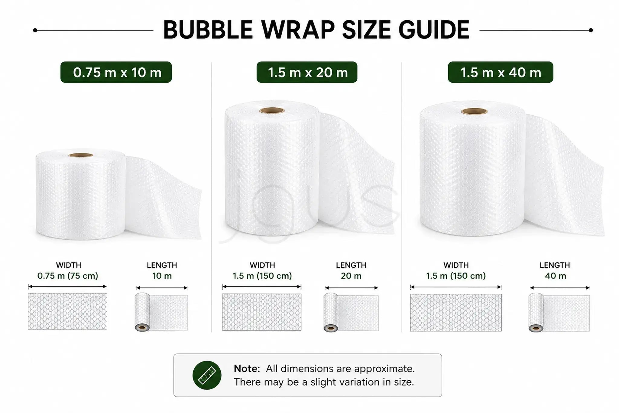 Bubble wrap size guide with dimensions and packaging examples on a white background