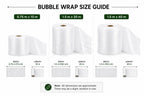 Bubble wrap size guide with dimensions and packaging examples on a white background
