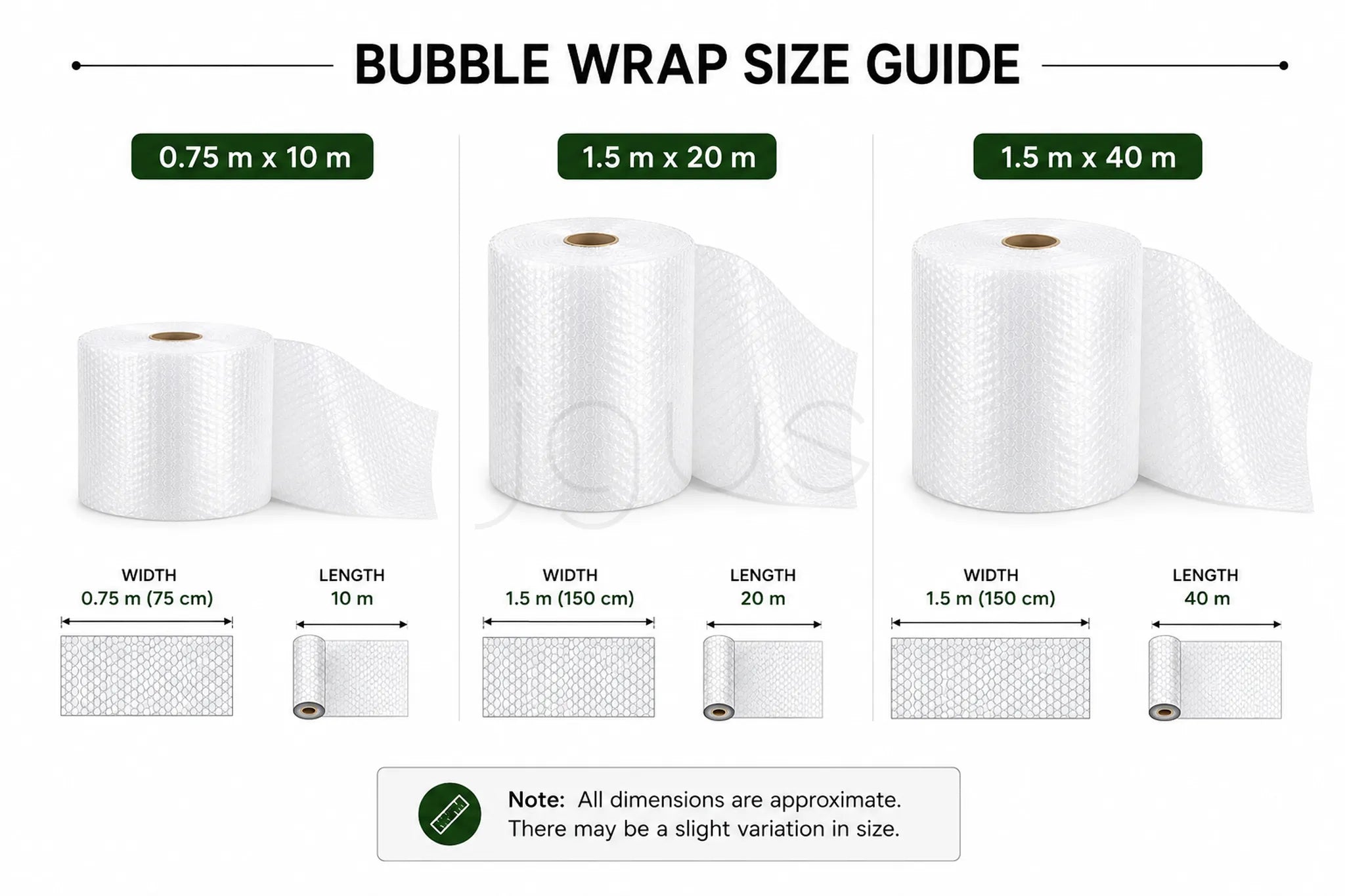 Bubble wrap size guide with dimensions and packaging examples on a white background