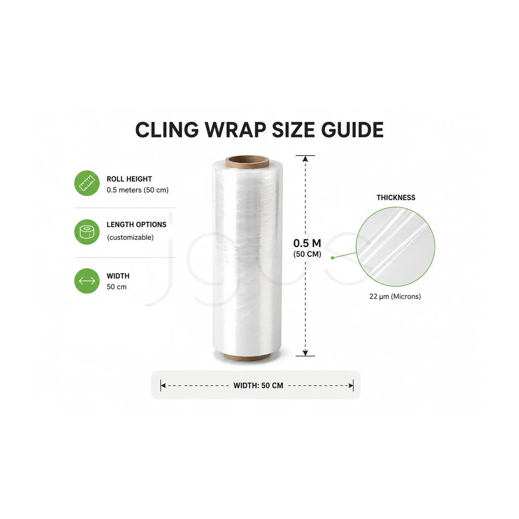 Cling wrap size guide with a roll of cling wrap on a white background