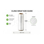 Cling wrap size guide with a roll of cling wrap on a white background
